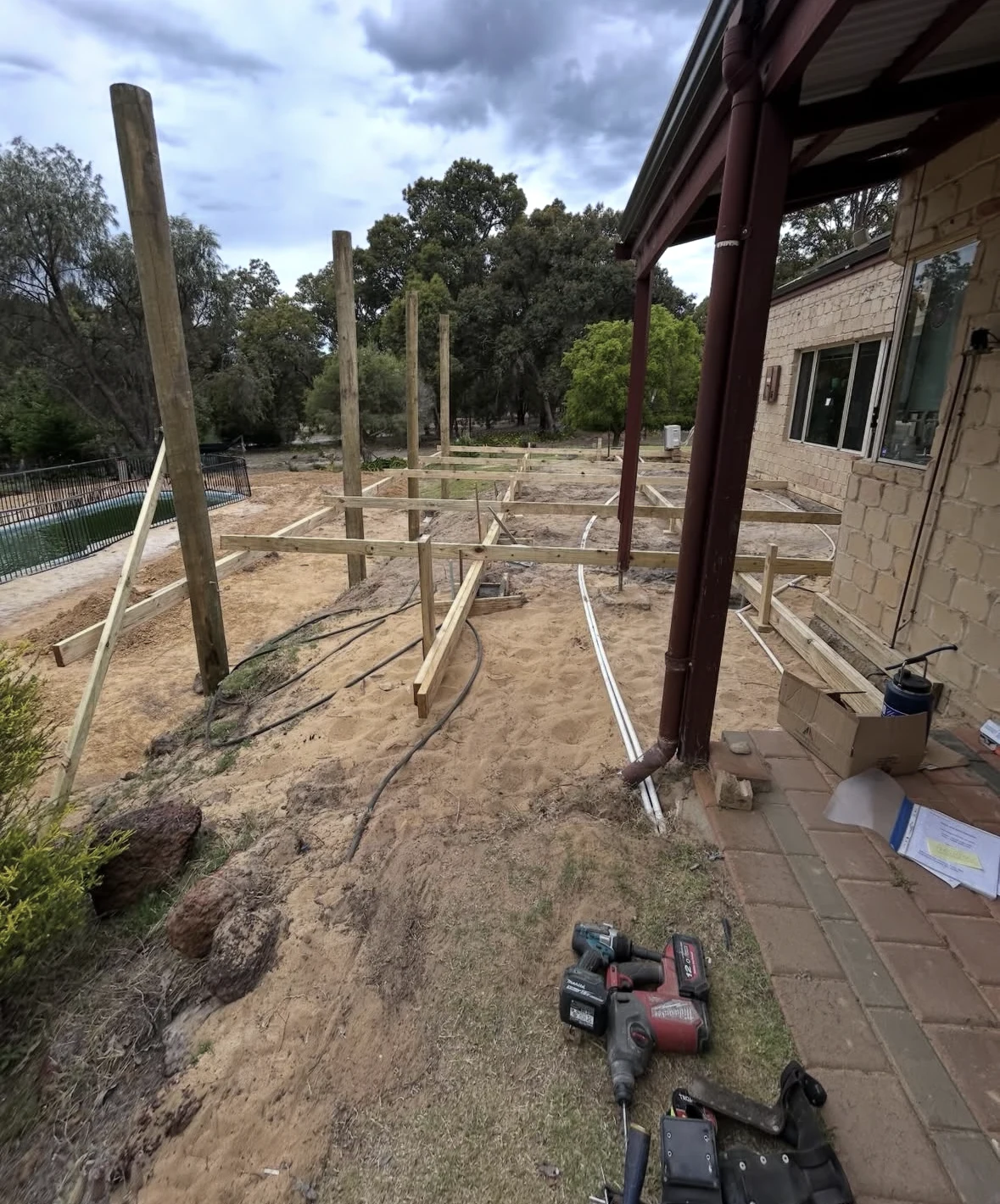Initial posts and timber framing for the Donnybrook deck