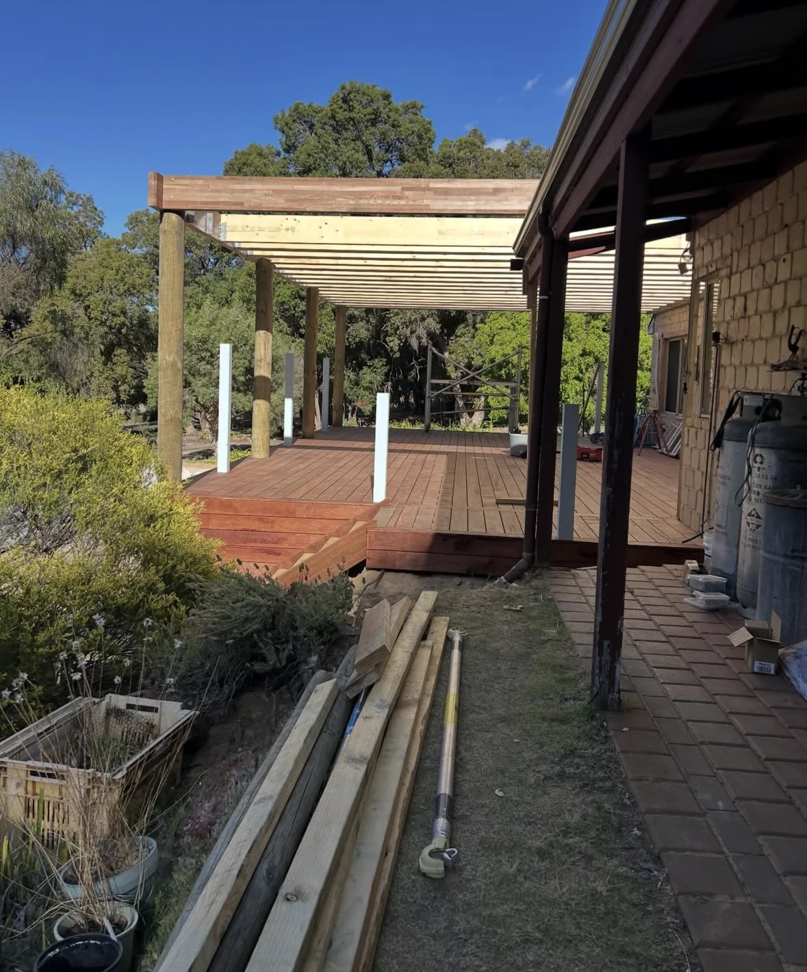 Roof framing over the Donnybrook deck under construction